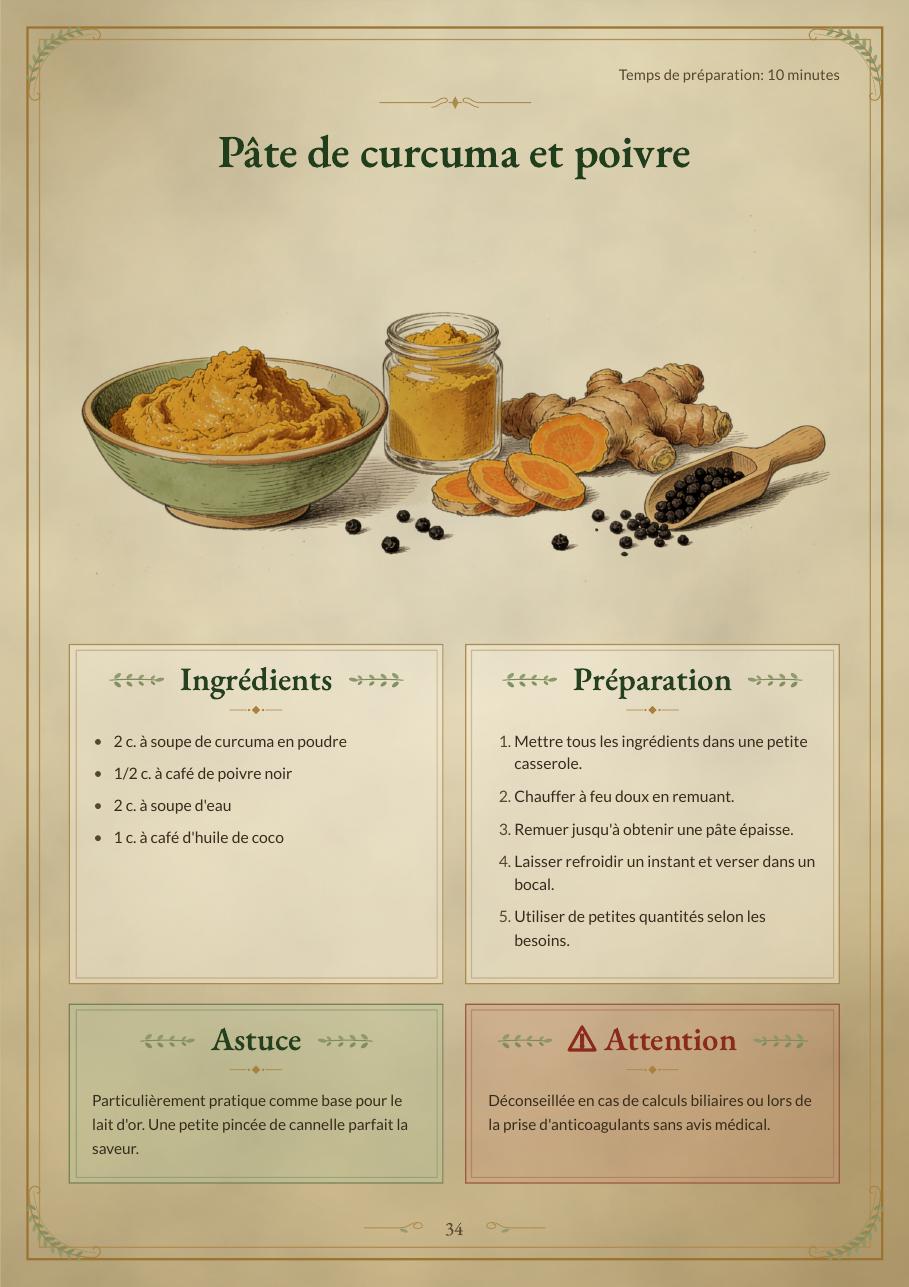 Exemple de page : pâte curcuma-poivre, avec ingrédients, préparation, astuce et encadré Attention