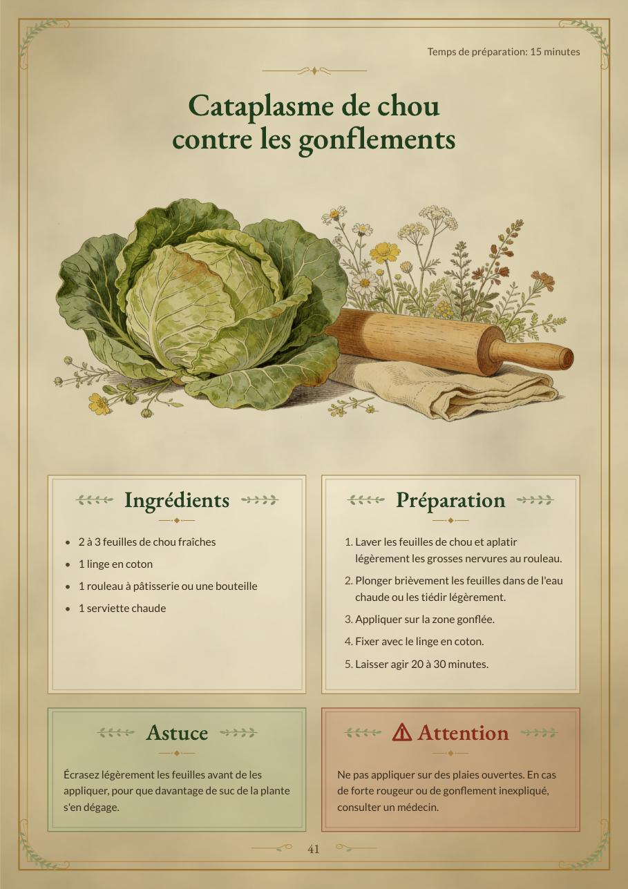 Exemple de page : cataplasme au chou contre les gonflements, avec ingrédients, préparation, astuce et encadré Attention